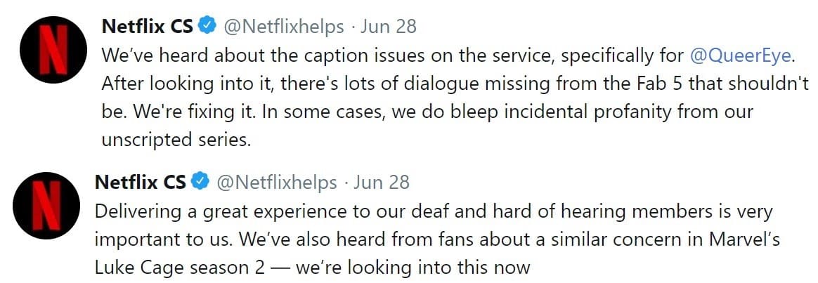 Netflix Twitter response on Caption Quality